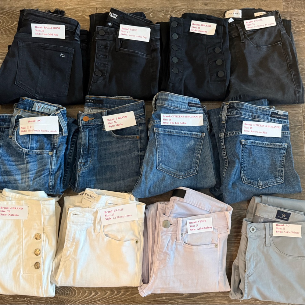 Sizes: 25-28 Including brands like: Frame, JBrand, Vince, AG, Rag&Bone and Paige